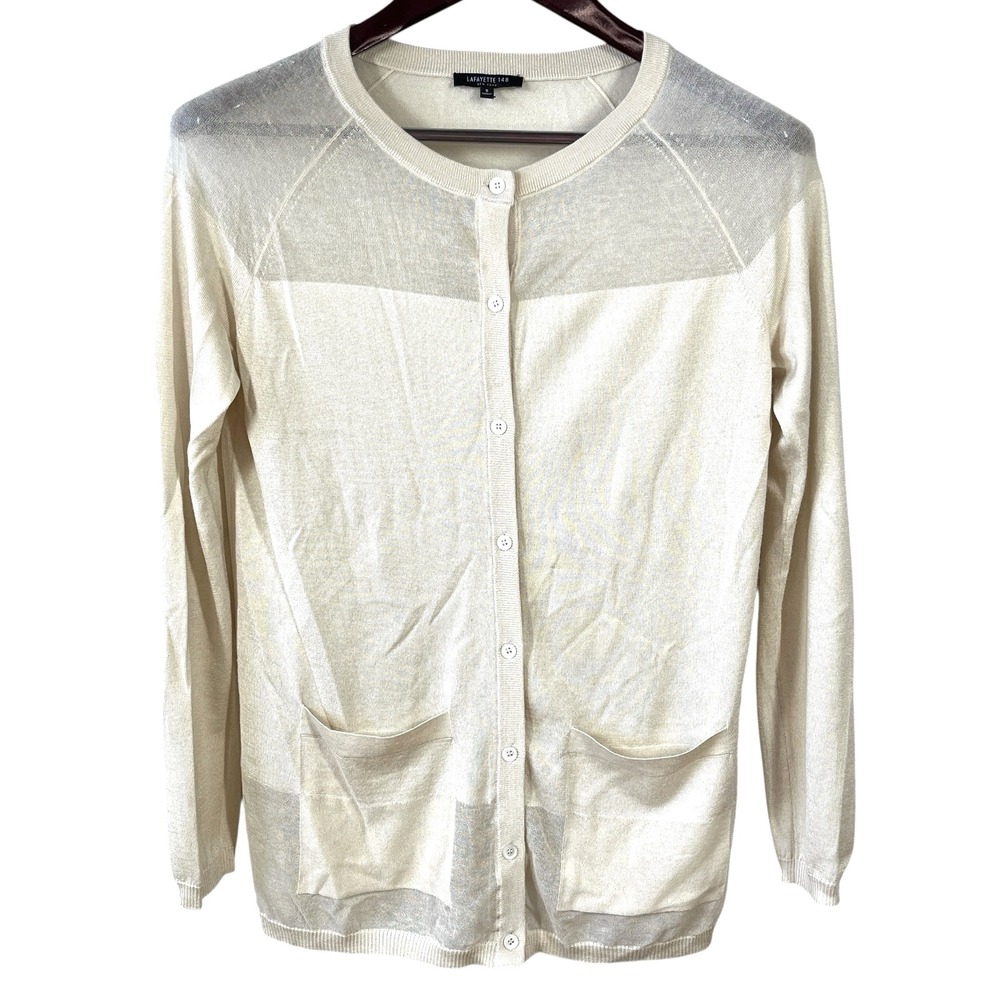 Lafayette 148 Lightweight Cardigan Womens S Ivory Sweater Sheer Panels Button Up